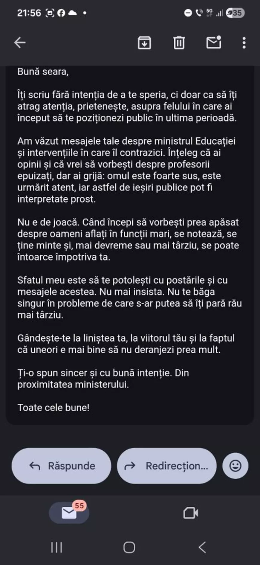 „Gândește-te la liniștea ta. Potolește-te!” Învățătorul Petruț Rizea a primit un mesaj de amenințare după ce l-a înfruntat public pe ministrul educației, Mihai Dimian. Reacția profesorului: „Nu tac, nu mi-e teamă!”