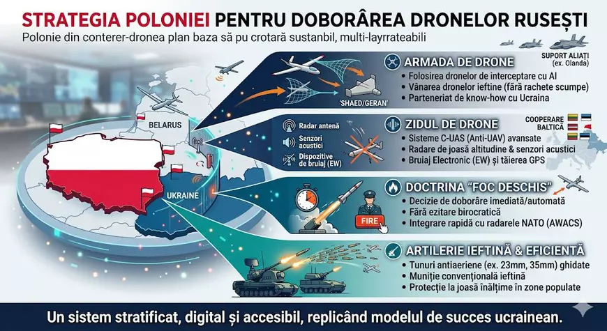 Inforgrafic cu strategia Poloniei pentru doborârea dronelor rusești, realizat de Inteligența Artificială