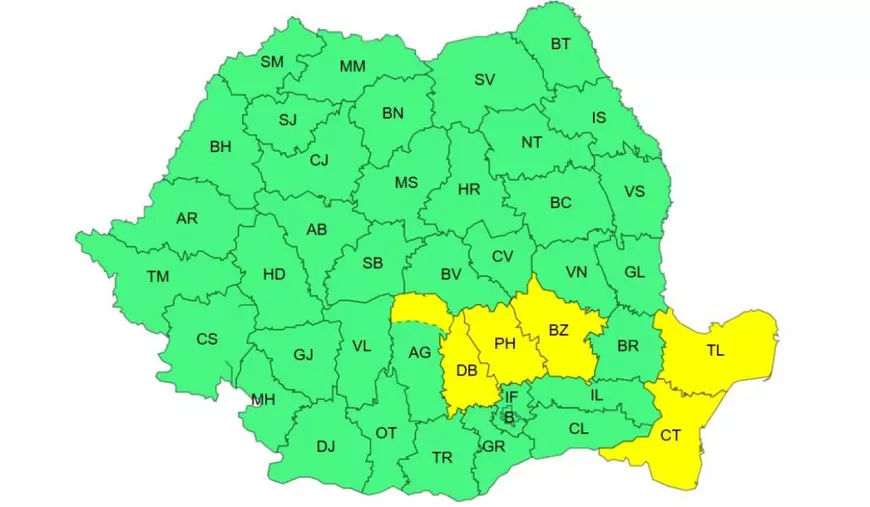 Harta României cu județele colorate în verde și galben cele care se află sub avertizarea meteo cod galben de la ANM de ploi și furtuni, pe 9 iunie 2026