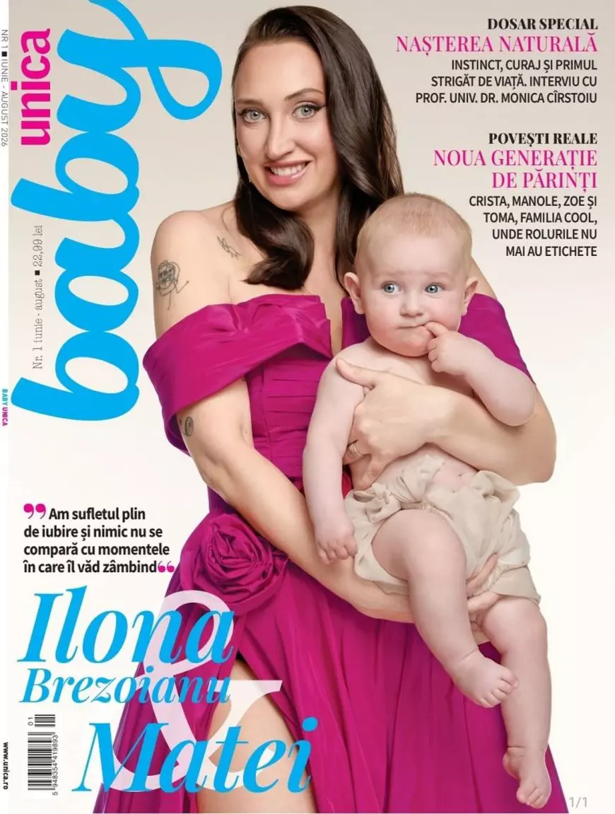 Coperta revistei Baby Unica pentru trimestrul iunie-august 2026, cu Ilona Brezoianu îmbrăcată cu o rochie cu umerii goi, de culoare roz, în timp ce îl ține în brațe pe fiul ei
