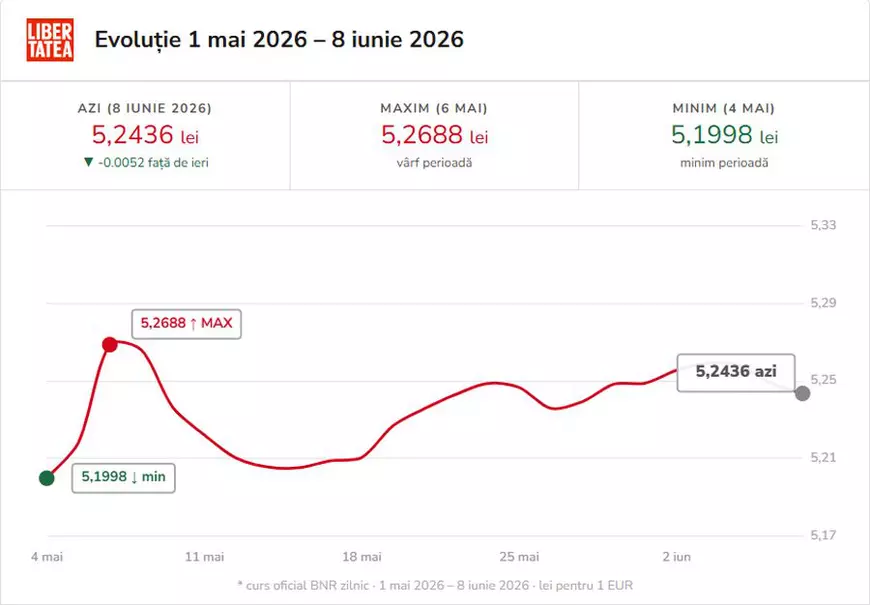 Leul crește în raport cu euro, dolarul se apreciază. Cursul BNR, luni, 8 iunie 2026