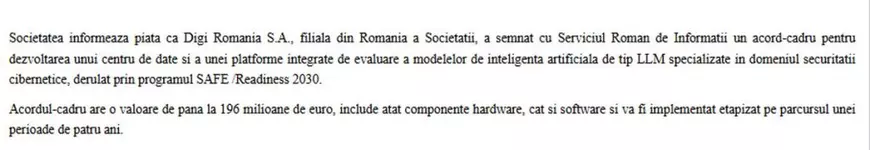 Contractul de 196 de milioane de euro primit de Digi în programul SAFE a fost semnat cu SRI