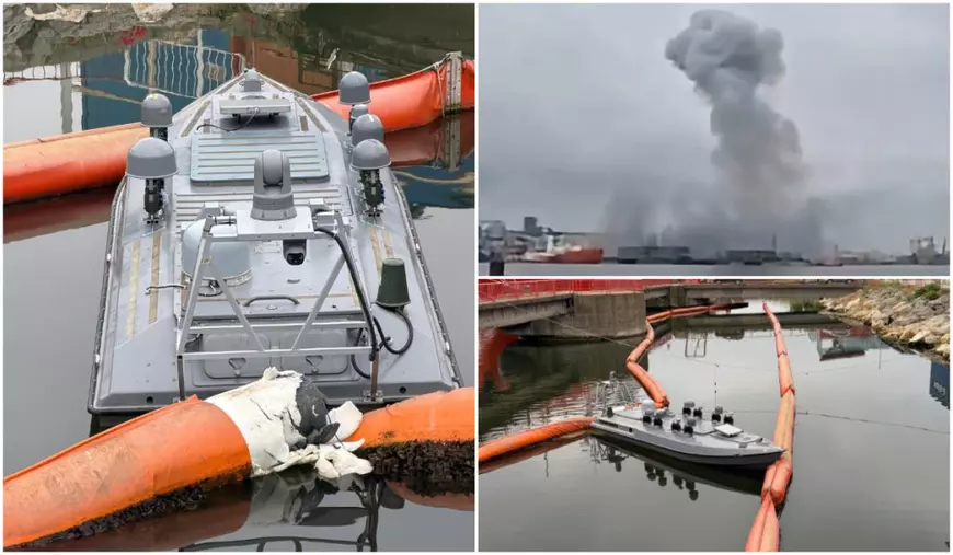 Colaj ce înfățișează în partea stângă și în colțul din dreapta jos o dronă marină de suprafață (ambarcațiune fără echipaj) într-un port și izolată cu baraje portocalii, iar în colțul din dreapta sus o coloană mare de fum gri ce se ridică deasupra apei în urma unei explozii la orizont.