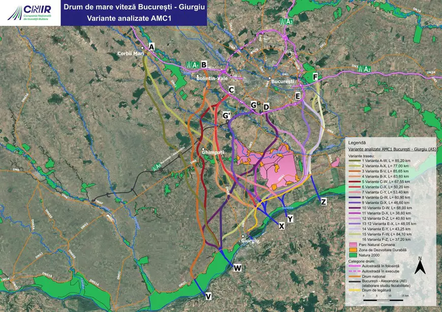 16 trasee, analizate pentru Autostrada București - Giurgiu: Varianta finală este condiționată de poziția noului pod peste Dunăre