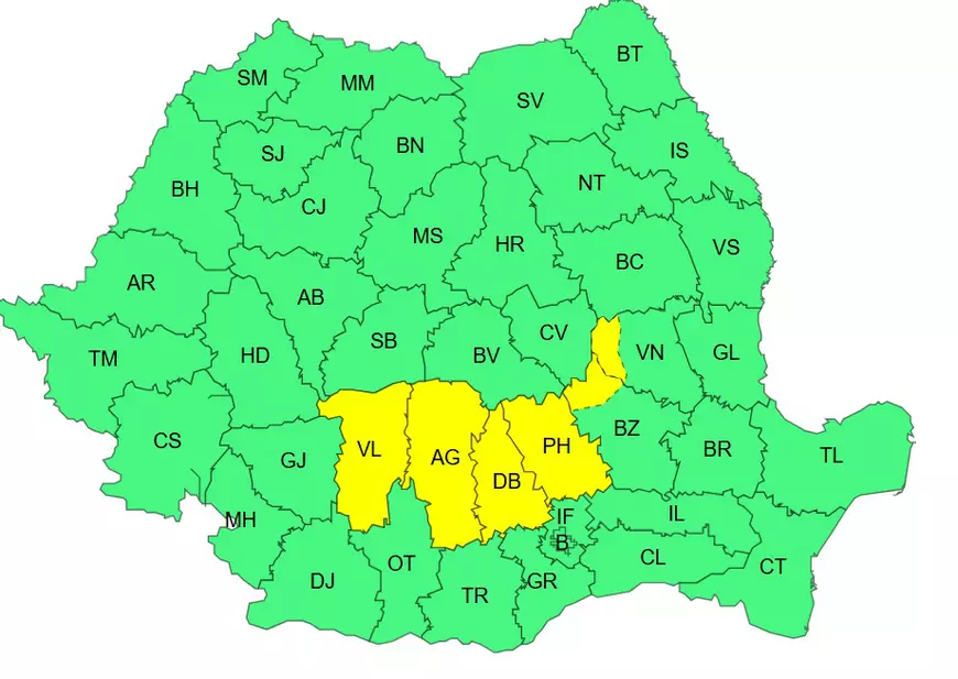 Harta ANM cu fenomene meteo extreme în 7 județe: ploi torențiale, grindină și vijelii până la noapte. Vreme severă și în București
