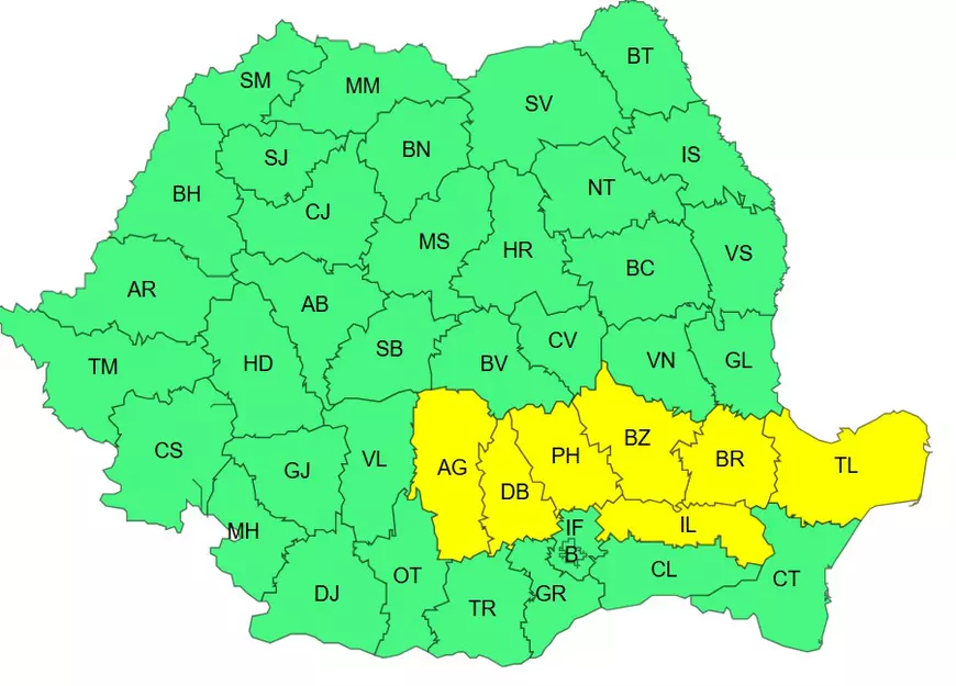 Harta ANM cu fenomene meteo extreme în 7 județe: ploi torențiale, grindină și vijelii până la noapte. Vreme severă și în București
