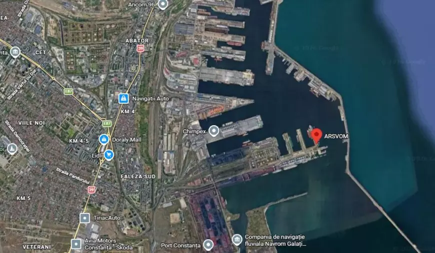 Harta Google Maps cu Portul Constanța și orașul Constanța, cu pin pe sediul ARSVOM din Portul Constanța