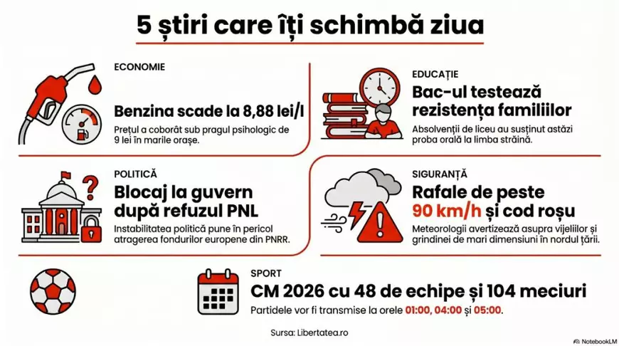 Infografic cu cele 5 știri care îți schimbă ziua din 11 iunie 2026, cu economie, educație, politică și siguranță