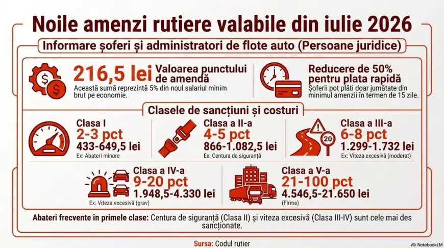 Infografic cu valoarea unui punct de amendă de la 1 iulie 2026 și toate clasele de sancțiuni, conform Codului Rutier