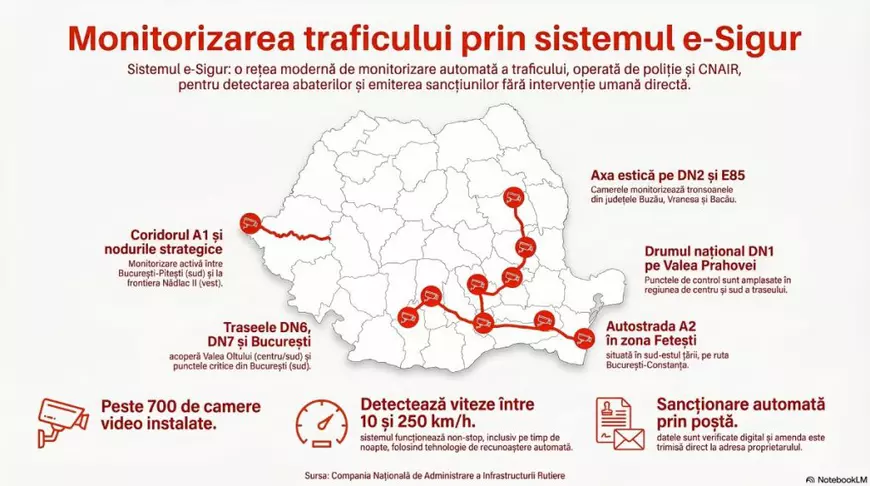 Infografic cu harta României și zonele unde sunt radare fixe, dar și zonele supravegheate cu sistemul e-Sigur, în vara anului 2026