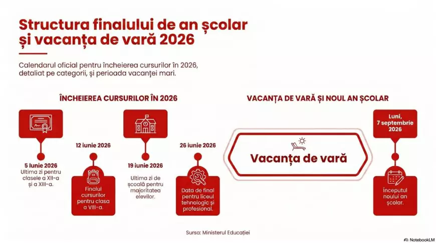 Infografic de culoare roșu și alb care arată zilele în care se termină școala înainte de vacanța de vară 2026 și ziua în care va începe școala în septembrie