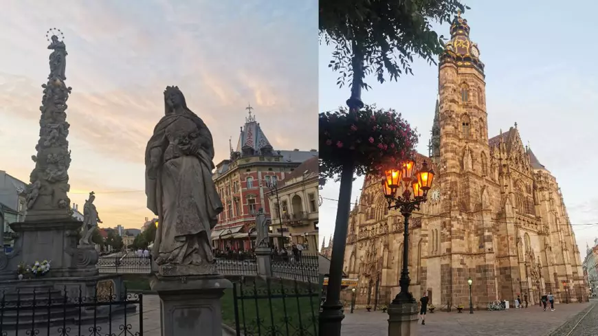 Kosice, al doilea oras ca mărime din Slovacia - colaj: foto piața centrală la apus// catedrala Sf. Elisabeta
