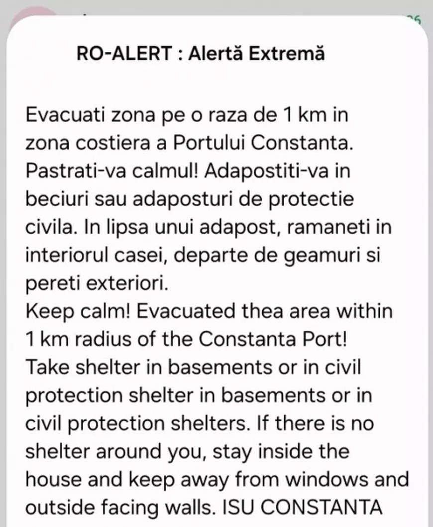 Mesajul RO-Alert primit pe telefoane după ce o dronă a explodat în Portul Constanța, pe fundal alb