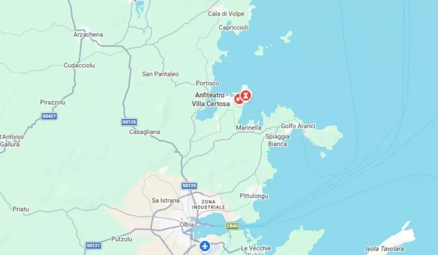 Imagine din Google Maps cu locația pe hartă, pe insula Sardinia, a domeniului Villa Certosa