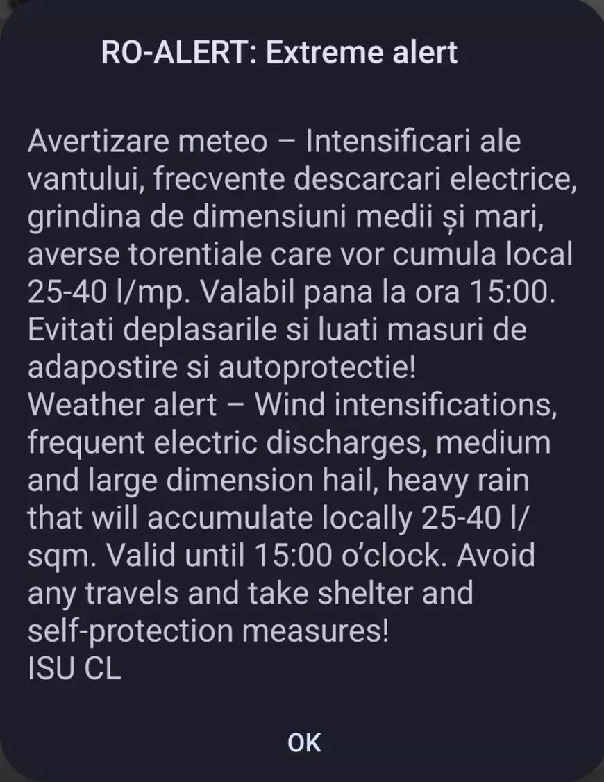 Mesaj RO-Alert trimis populației din Călărași după avertizările ANM de ploi torențiale, vijelii și grindină: ce recomandă autoritățile