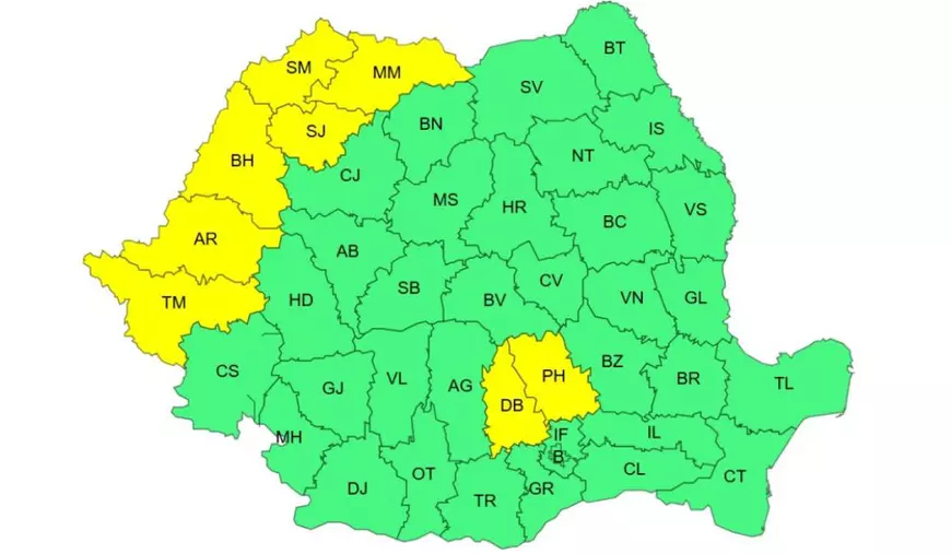 Harta României cu județe de culoare verde și galben după avertizarea ANM de ploi și furtuni pentru ziua de 23 iulie 2026