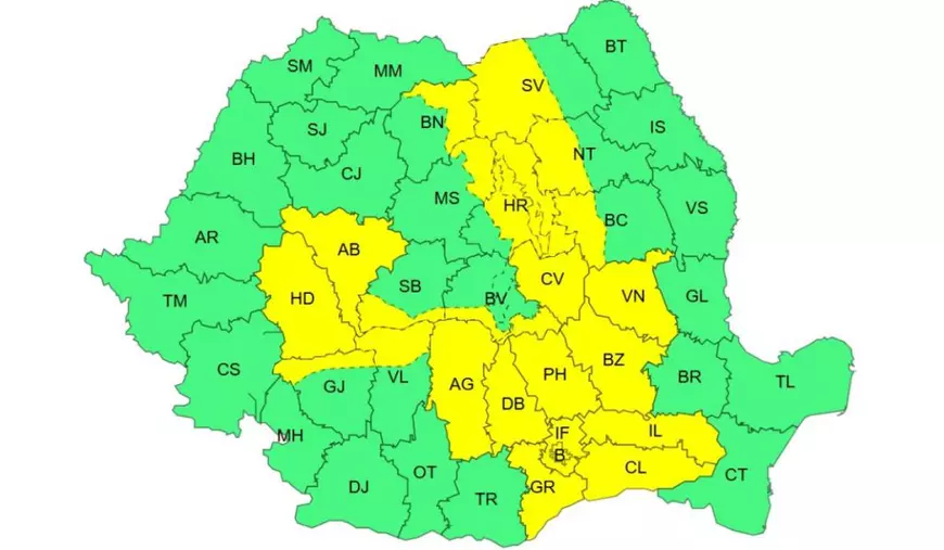 Harta României cu județe de culoare verde și galben după avertizarea ANM de ploi și furtuni pentru ziua de 24 iulie 2026