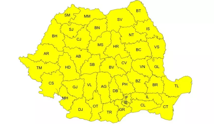 Hartă ANM cu toate județele României colorate cu galben care arată un cod galben de instabilitate atmosferică, furtuni și ploi între 2 și 3 iulie 2026