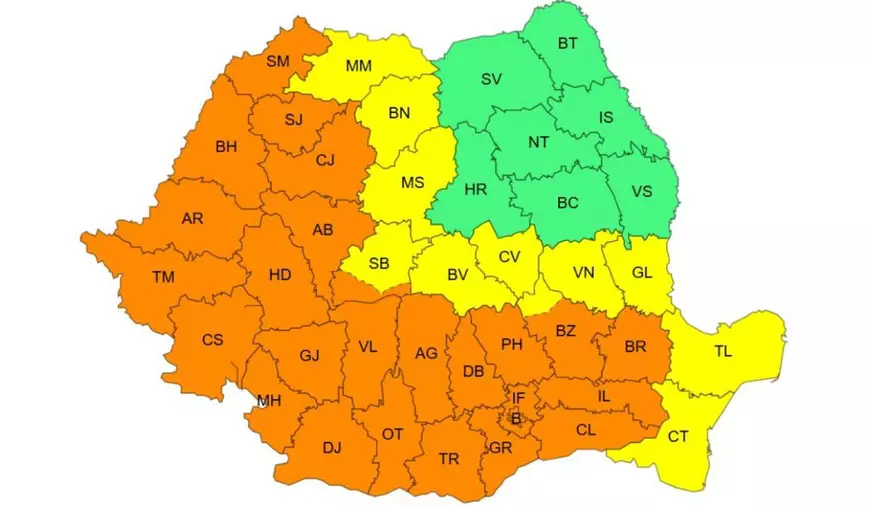 Harta ANM cu județele României colorate cu portocaliu, galben și verde care arată zonele lovite de ploi torențiale și furtuni puternice între 1 și 2 iulie 2026