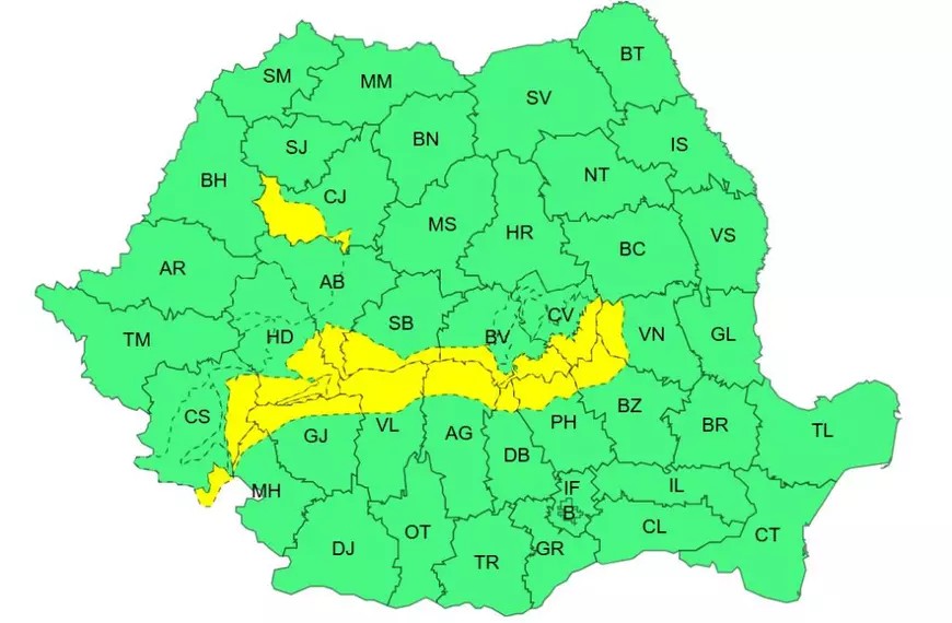 Ploi torențiale, grindină și vijelii în 21 de județe. Harta zonelor vizate luni de avertizarea meteo ANM cod galben