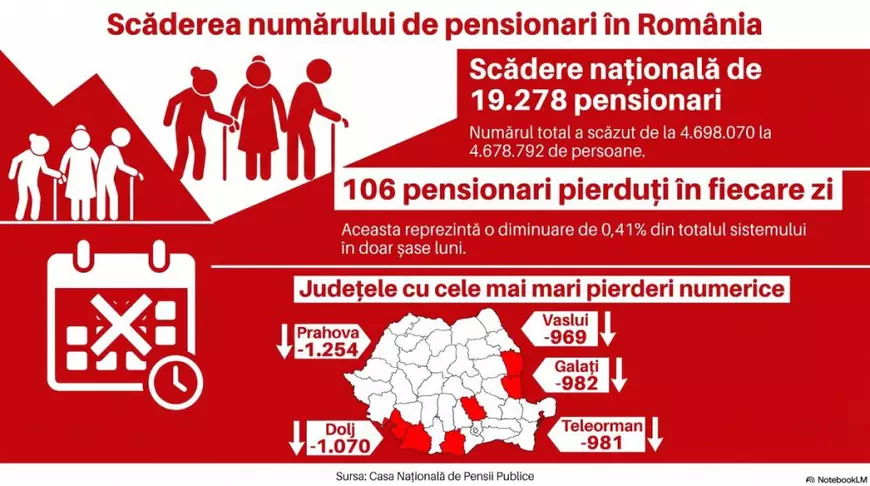 Infografic cu scăderea numărului de pensionari din România în primele 6 luni ale anului 2026