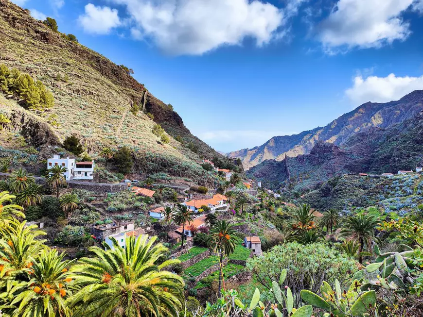 Satul montan tropical La Laja. Vale verde, palmieri, opuntia și cer albastru. La Gomera, Insulele Canare, Spania