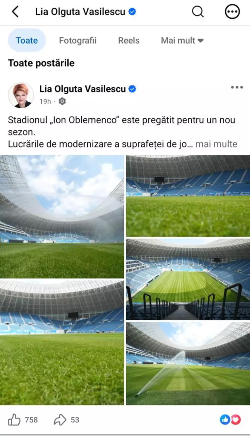 Lia Olguța Vasilescu a postat poze cu gazonul de lux de pe stadionul din Craiova pe Facebook, dar a închis secțiunea de comentarii