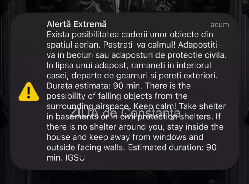 Un nou mesaj RO-Alert în nordul județului Tulcea: locuitorii sunt îndemnați să se adăpostească în beciuri