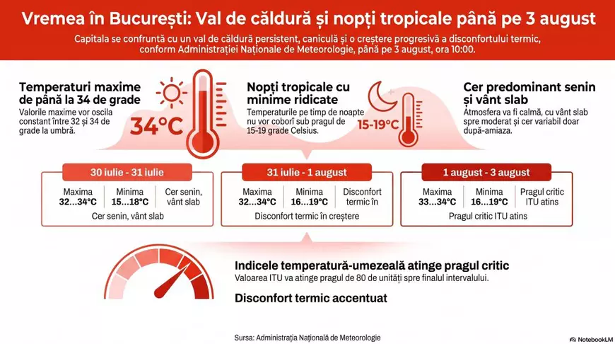 Val de căldură și nopți tropicale în București, până pe 3 august: ANM anunță temperaturi de până la 34 de grade la umbră