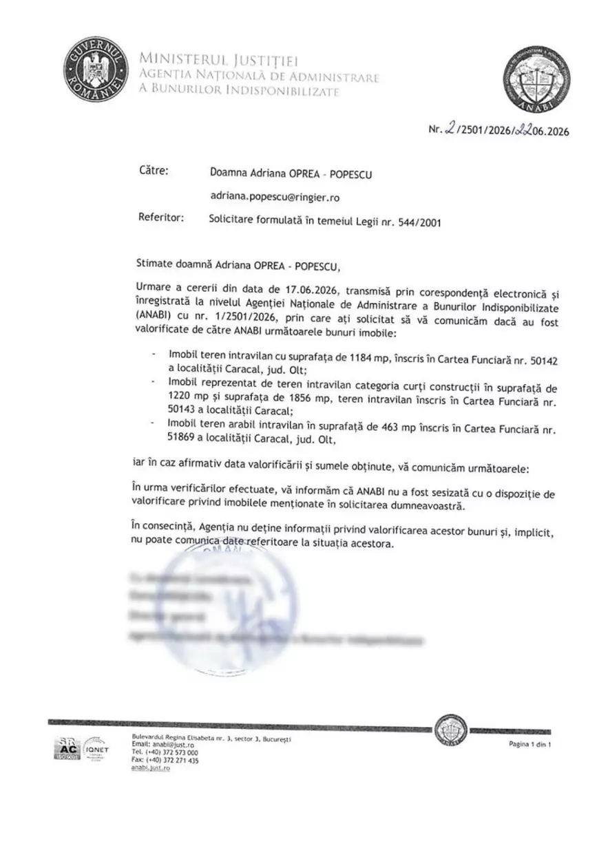 Răspunsul primit de redactorul Libertatea de la Ministerul Justiției Agenția Națională de Administrare a Bunurilor indisponibilizate cu privire la situația imobilului lui Gheorghe Dincă.