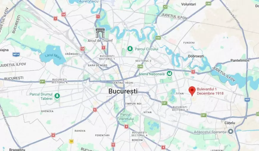 Bulevardul 1 Decembrie 1918, marcat cu un pin roșu pe harta din Google Maps
