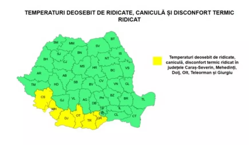 ANM anunță cod galben de caniculă, vânt de până la 70 km/h și furtuni în mai multe zone din țară. Harta județelor afectate de fenomenele meteo extreme