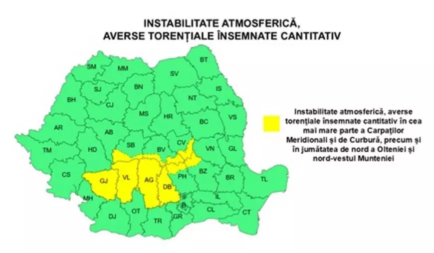 ANM anunță cod galben de caniculă, vânt de până la 70 km/h și furtuni în mai multe zone din țară. Harta județelor afectate de fenomenele meteo extreme