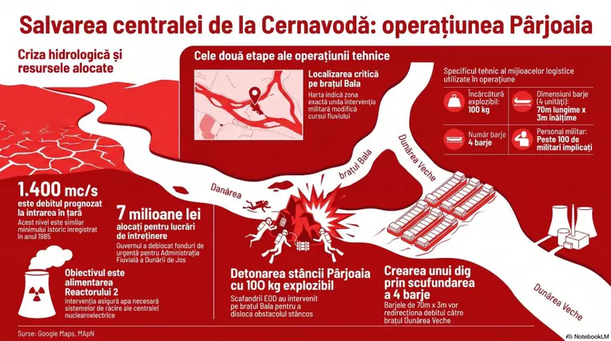 Stânca Pârjoaia, detonată controlat cu 100 de kg de explozibil, pe Dunăre. Armata încearcă salvarea centralei de la Cernavodă